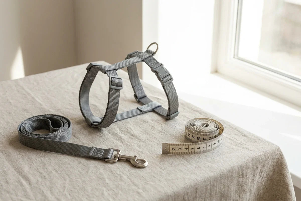 A clean editorial arrangement of an adjustable dog harness, leash, and soft measuring tape on a neutral surface, with no manufactured packaging, branding, or identifiable person.