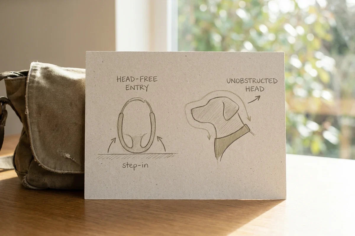 A simple editorial diagram contrasting head-free step-in entry with an unobstructed dog head, using generic harness shapes and no product branding, packaging, or identifiable person.
