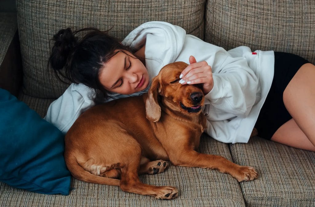 Woman relaxing on a couch while gently petting a content brown dog at home