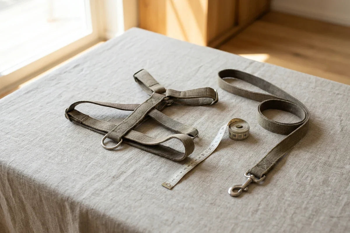 Clean product-led arrangement of a generic dog harness, leash, and measuring tape on a neutral background, emphasizing fit, body shape, and leash connection without showing a person or branded packaging.