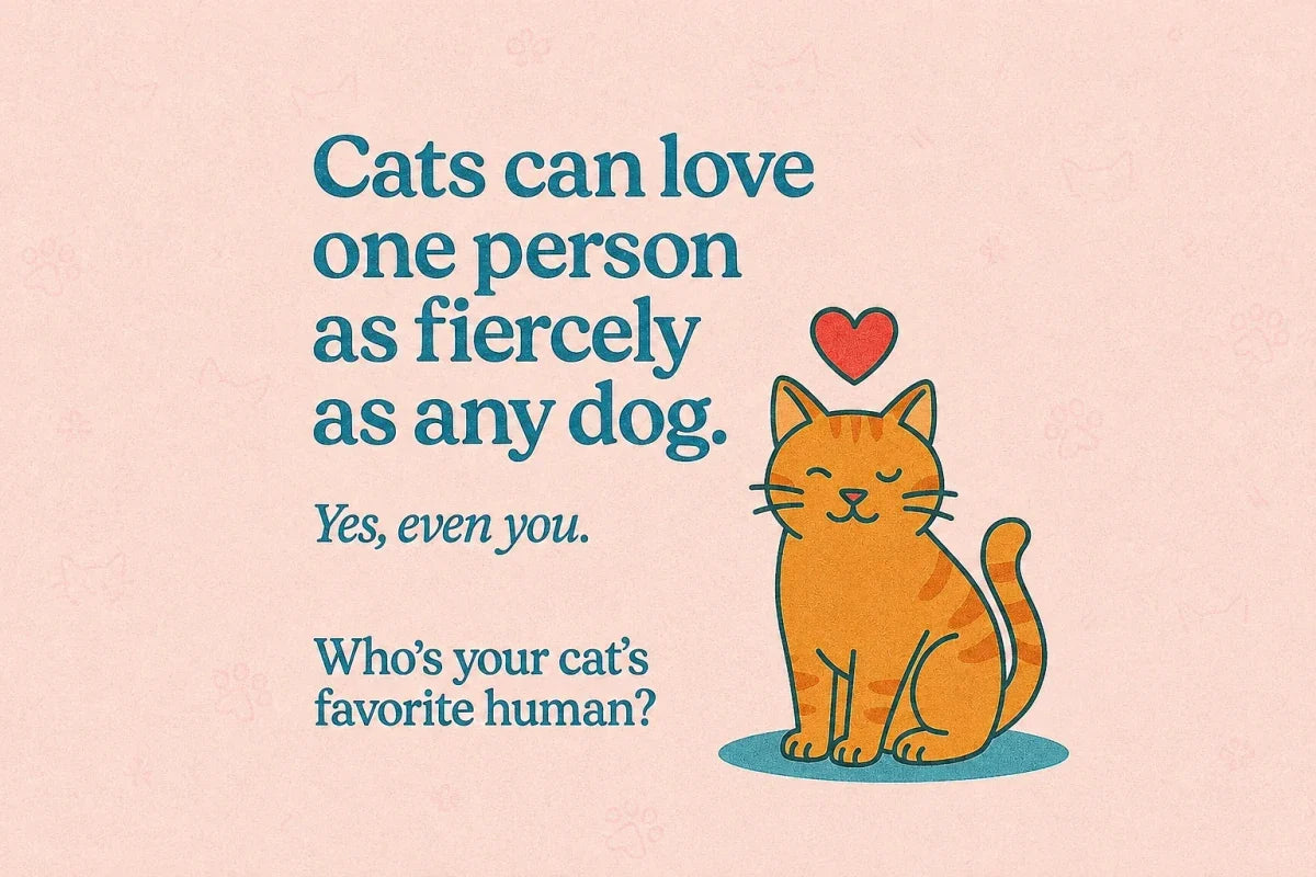 Illustrated orange cat with a heart and a quote about cats’ favorite humans